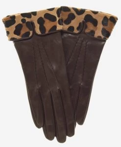 CS4837 (brown) - Women's Italian Silk Lined Lambskin Gloves With Leopard Print Pony Cuff