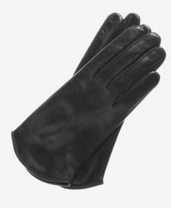 FS02 (black) - Women's Italian Silk Lined Leather Gloves With Curved Hem