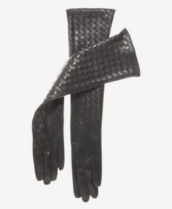 FS04W10 (black) - Italian Long Woven Black Leather Gloves - 10-button Length
