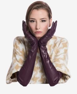 FS15W16 (black/grape) - Italian Silk Lined Opera Leather Gloves - 16-button Length -Fratelli Orsini Shop fs15w16blkgrp 3 l