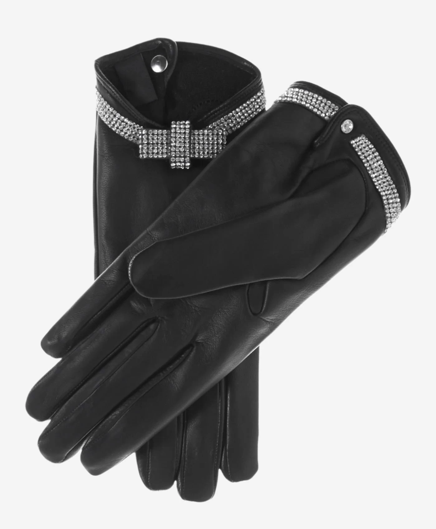 FS4321 (black) - Women's Italian Silk Lined Leather Gloves With Swarovski Crystal Bow 1 FS4321 (black) - Women's Italian Silk Lined Leather Gloves With Swarovski Crystal Bow