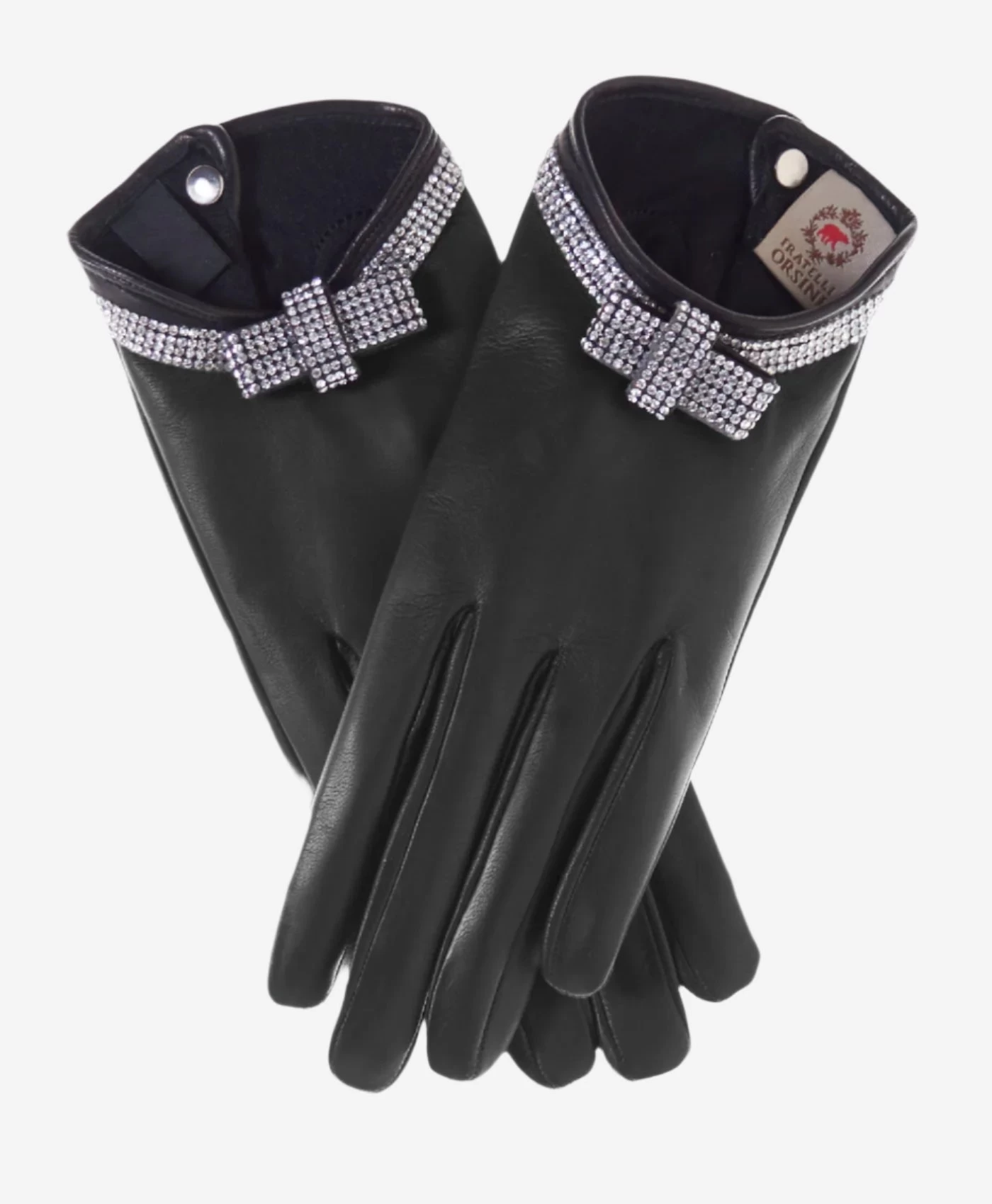 FS4321 (black) - Women's Italian Silk Lined Leather Gloves With Swarovski Crystal Bow 2 FS4321 (black) - Women's Italian Silk Lined Leather Gloves With Swarovski Crystal Bow - Image 2